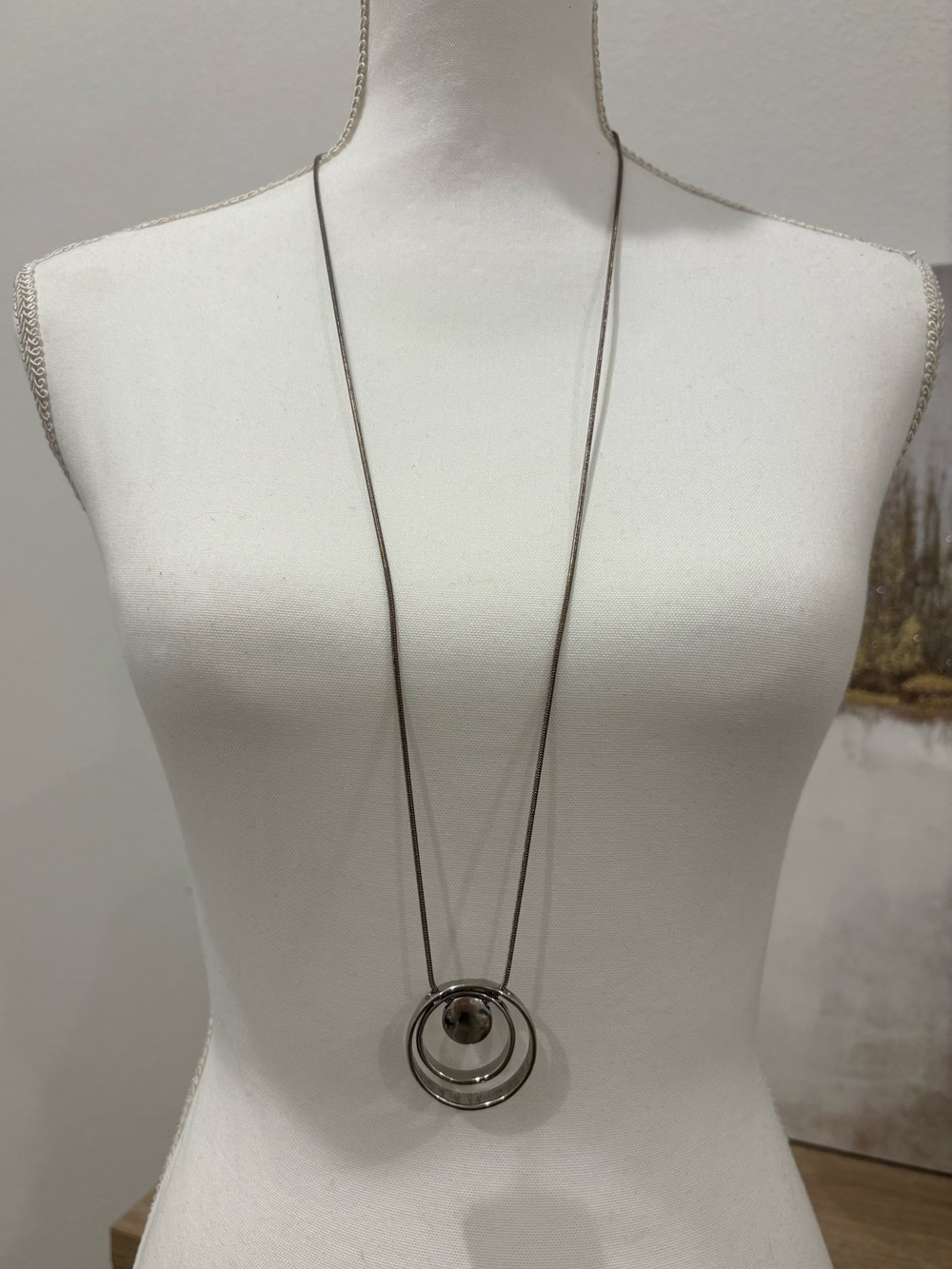 Silver Double-Ring Pendant Long Necklace